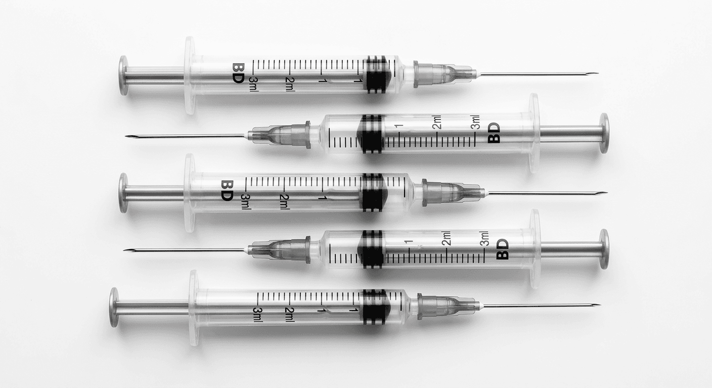 Sterile syringes and fine cannulas on a white surface