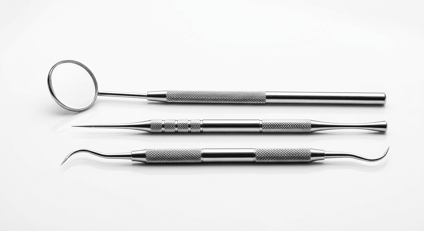 Polished stainless steel dental instruments on a white surface