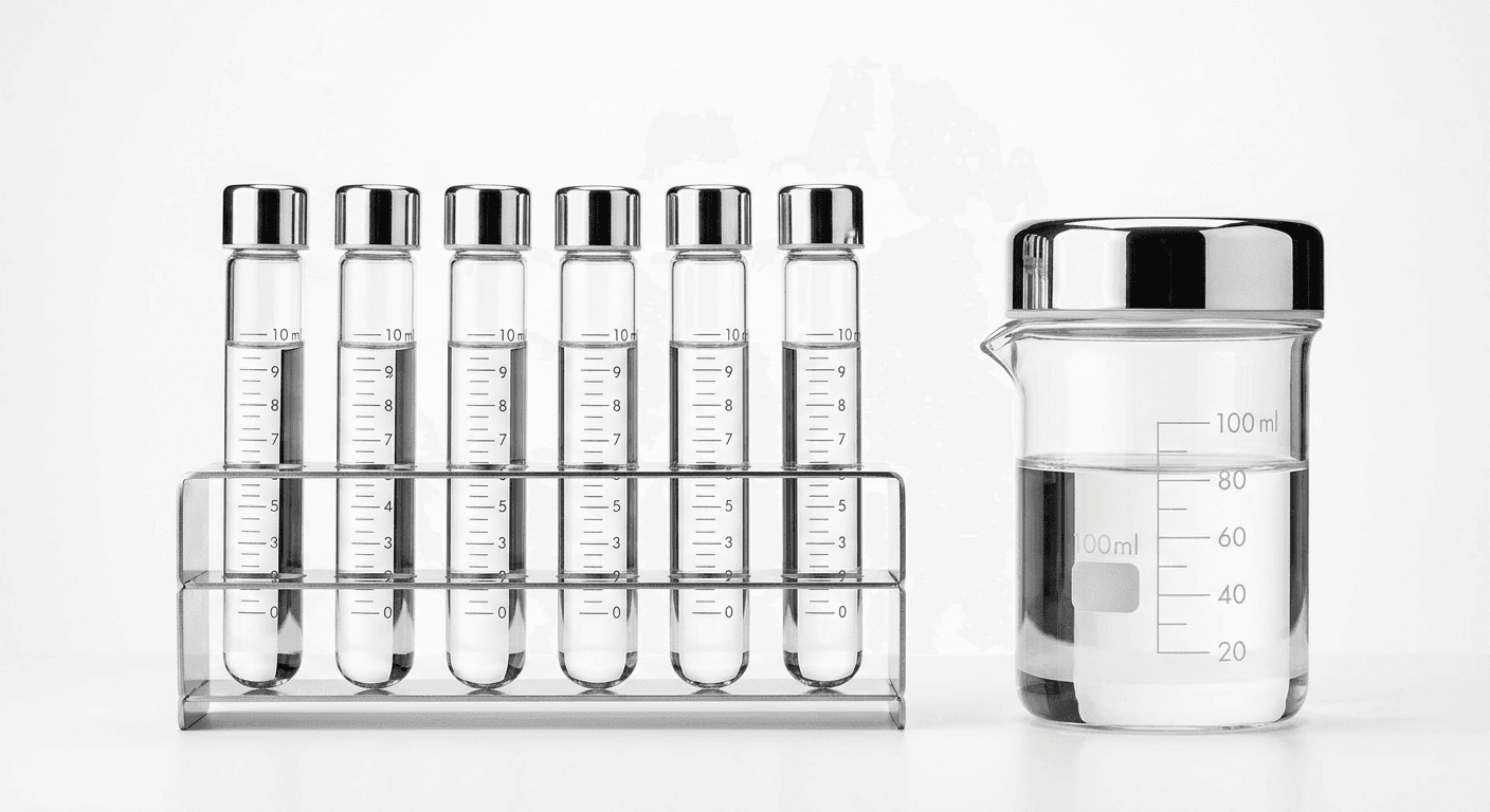 Glass laboratory test tubes and a beaker on a white surface
